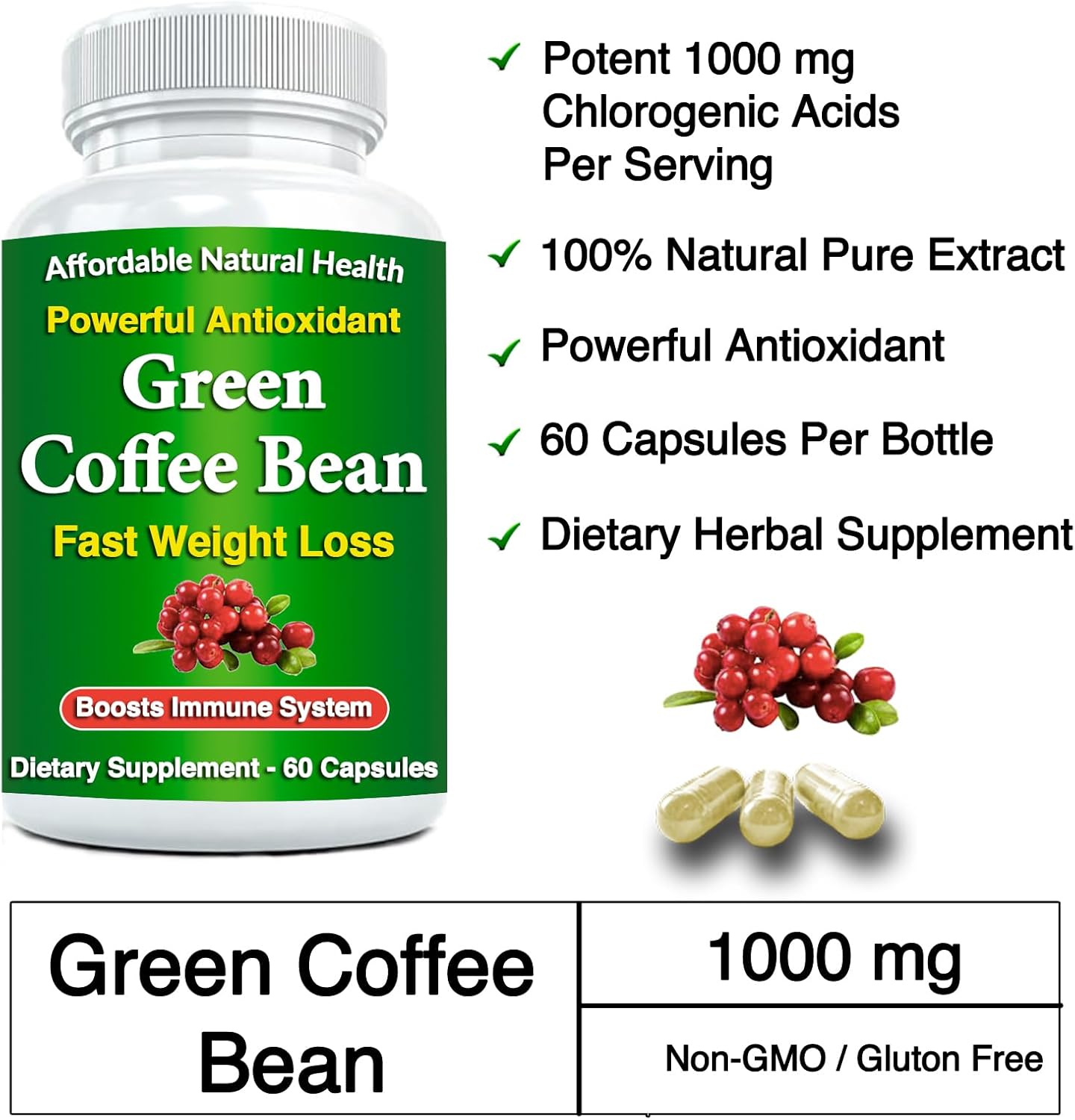 Pure Green Coffee Bean Extract Capsules - 10,000 mg Strength, 50% Chlorogenic Acid, 240 Capsules - Non-GMO, Gluten Free Herbal Supplement - 8 Month Supply