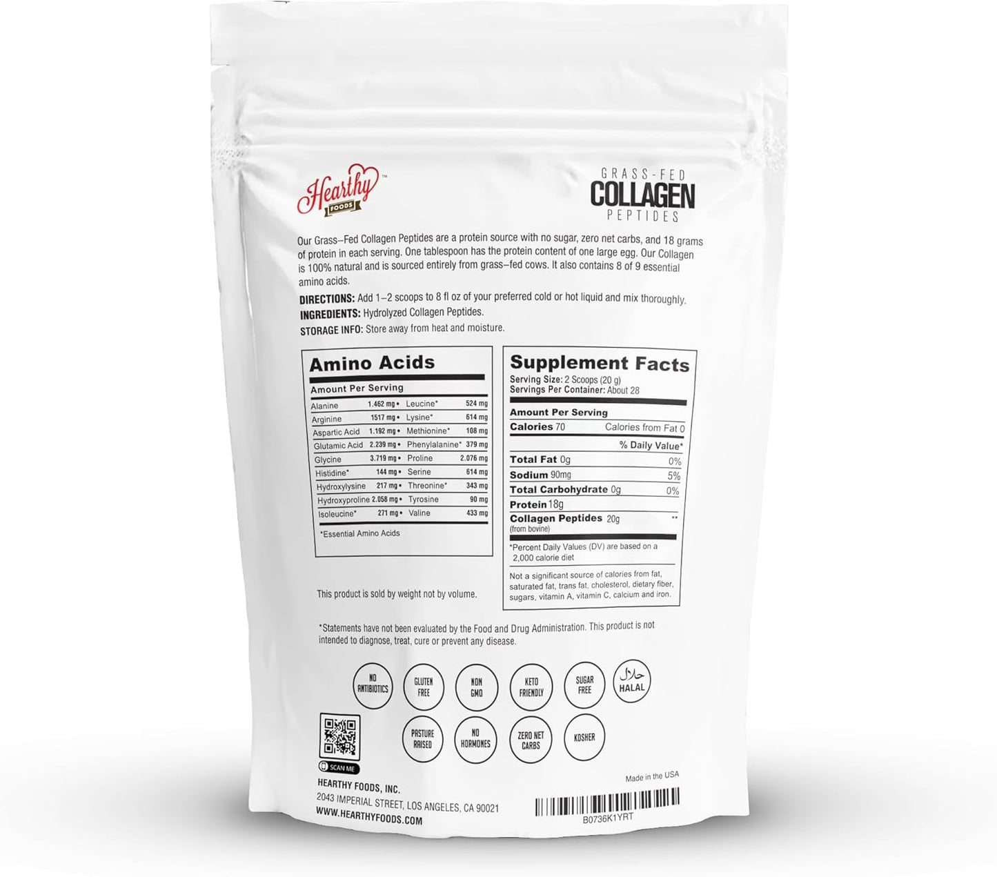 Pure Halal Collagen Peptides Grass Fed Organic Hydrolyzed Powder - 18g Protein - Type I and III Unflavoured - Keto Friendly - Gluten Free - Non GMO - 16 Oz