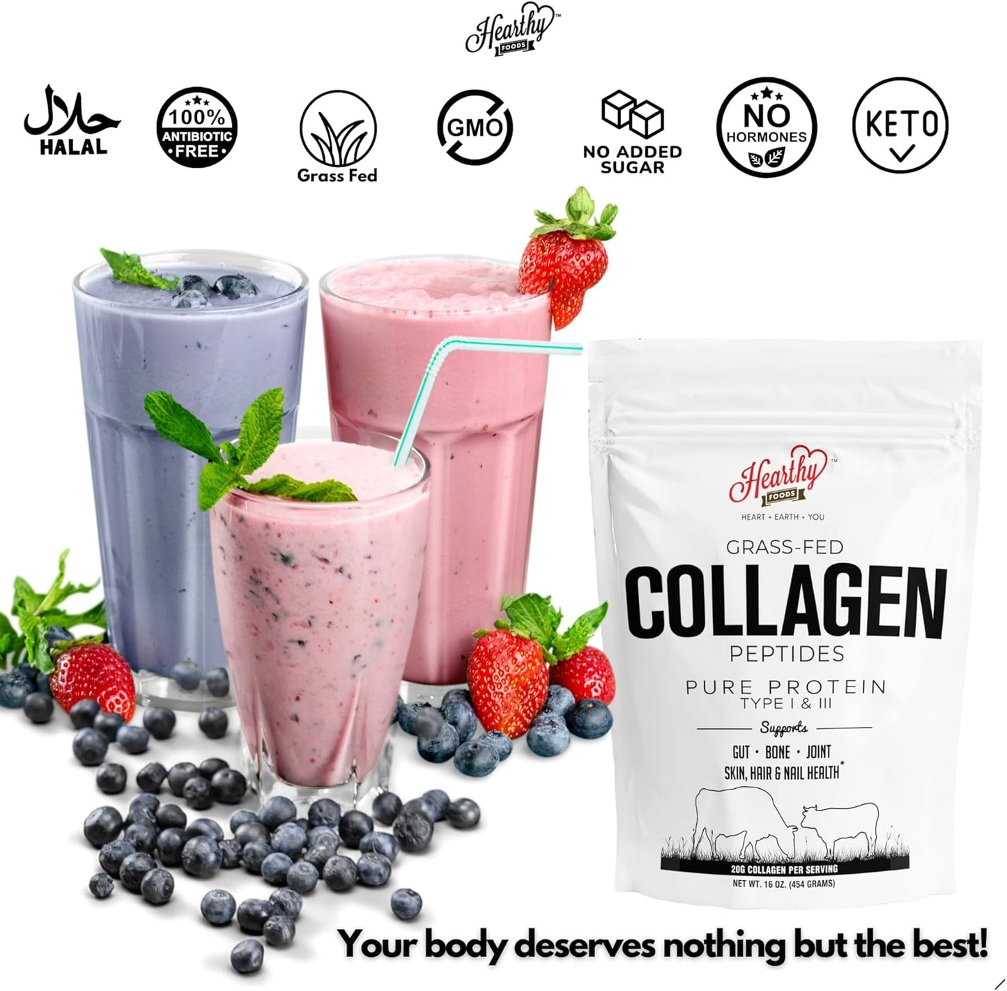Pure Halal Collagen Peptides Grass Fed Organic Hydrolyzed Powder - 18g Protein - Type I and III Unflavoured - Keto Friendly - Gluten Free - Non GMO - 16 Oz