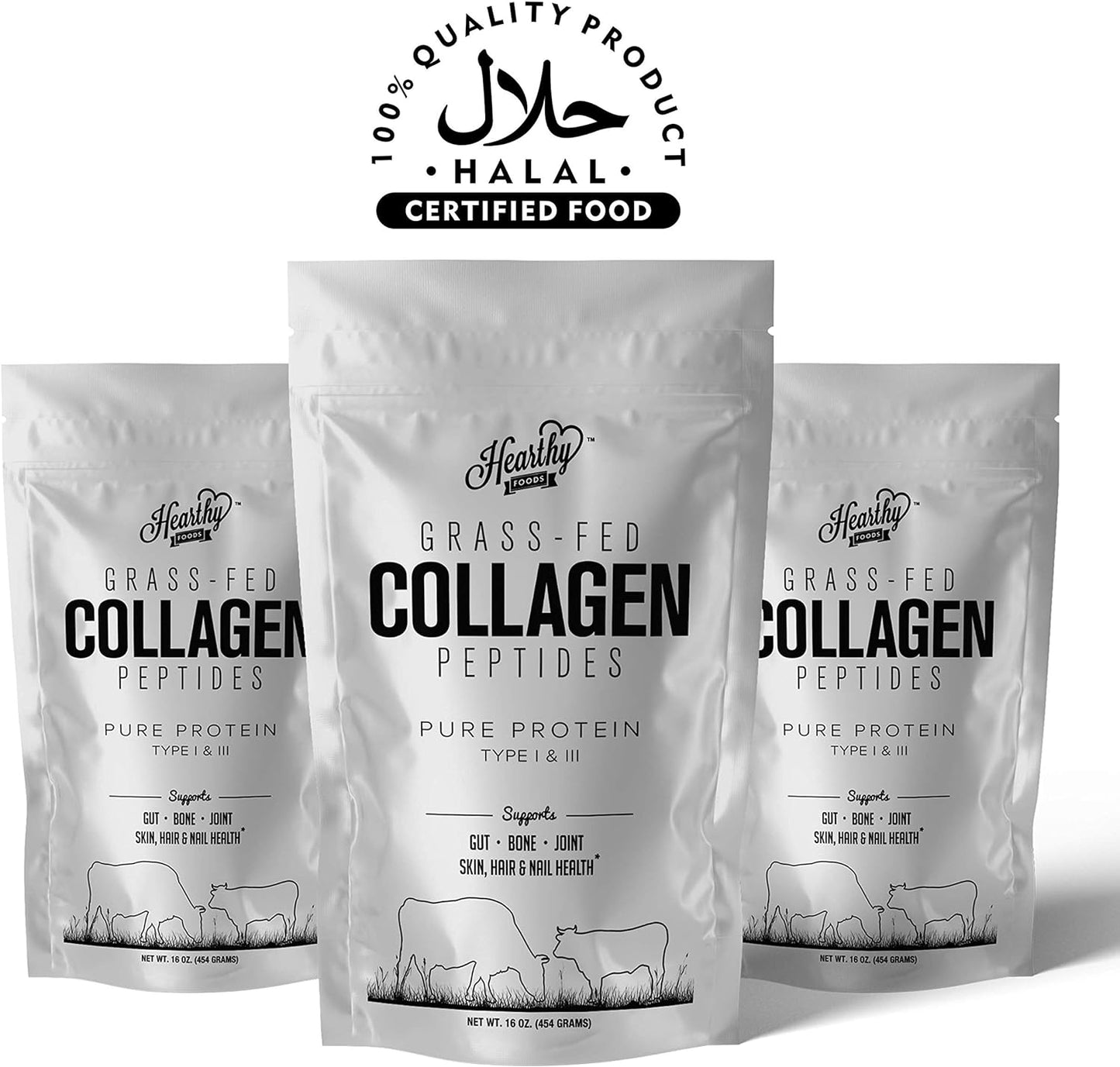Pure Halal Collagen Peptides Grass Fed Organic Hydrolyzed Powder - 18g Protein - Type I and III Unflavoured - Keto Friendly - Gluten Free - Non GMO - 16 Oz