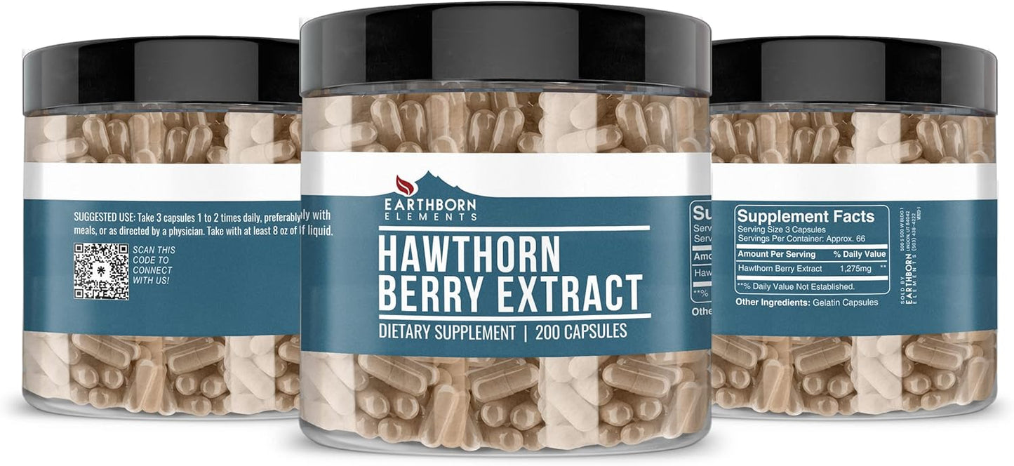 Pure Hawthorn Berry Extract Capsules - 200 Count, No Additives, Earthborn Elements