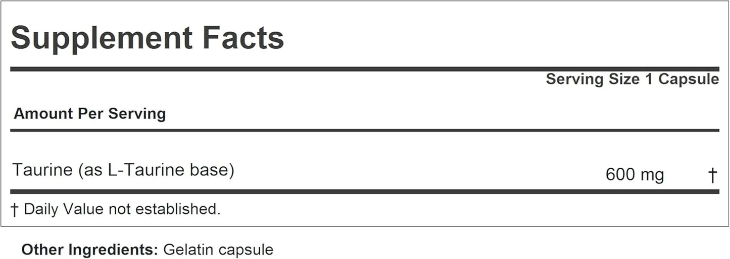 Pure High Potency Taurine 600 Capsules - Supports Heart, Liver, Eye Health - No Additives - Andrew Lessman