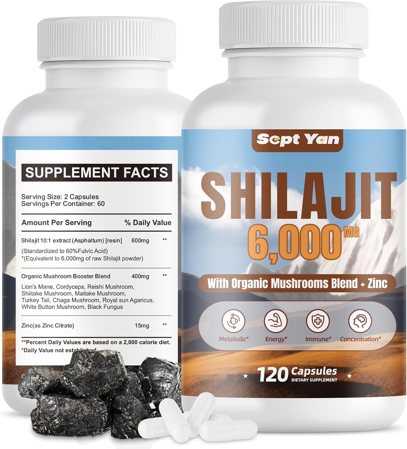 Pure Himalayan Organic Shilajit Capsules with Mushrooms Blend and Zinc - 2 Month Supply for Strength, Stamina, Brain & Immune Health - 120 Count Vegan Supplement for Women & Men