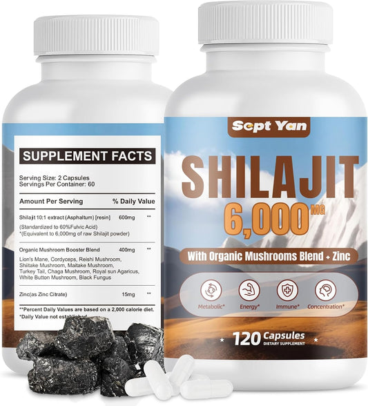 Pure Himalayan Organic Shilajit Capsules with Mushrooms Blend and Zinc - 2 Month Supply for Strength, Stamina, Brain & Immune Health - 120 Count Vegan Supplement for Women & Men