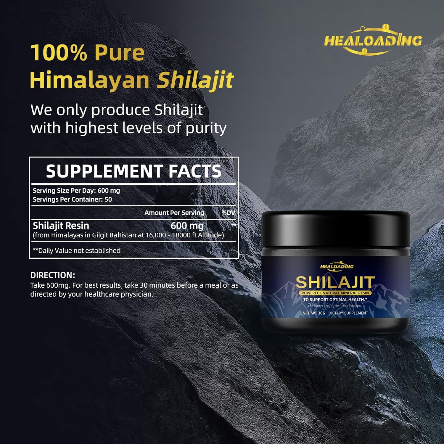 Pure Himalayan Organic Shilajit Resin 600mg for Men - Gold Grade with 85+ Trace Minerals & 75%+ Fulvic Acid - Energy & Immune Support
