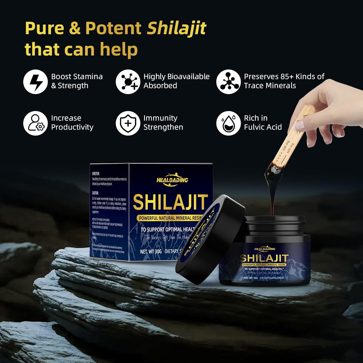 Pure Himalayan Organic Shilajit Resin 600mg for Men - Gold Grade with 85+ Trace Minerals & 75%+ Fulvic Acid - Energy & Immune Support