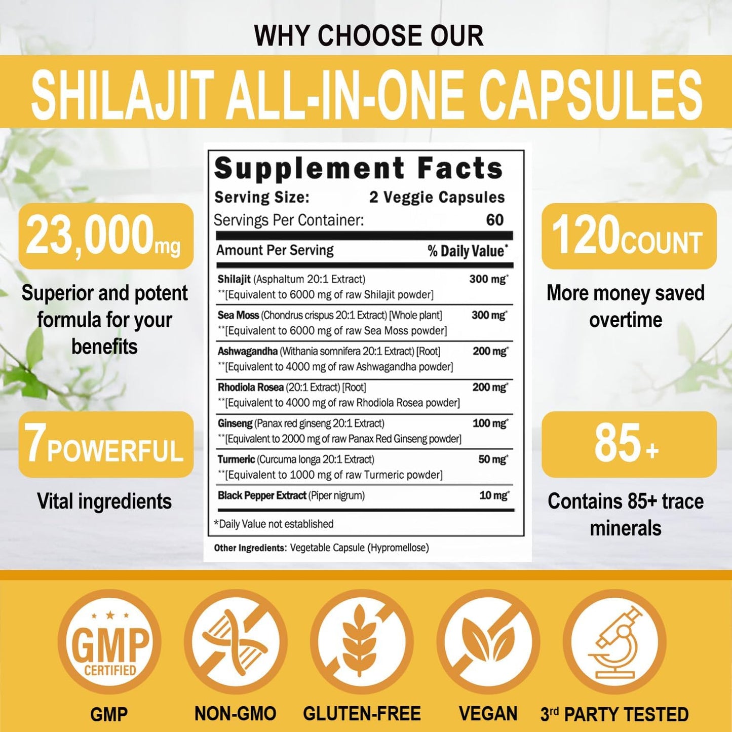 Pure Himalayan Shilajit Capsules for Men - 50% Fulvic Acid, 85+ Trace Minerals with Ashwagandha & Sea Moss - Energy & Stamina - 120 Capsules