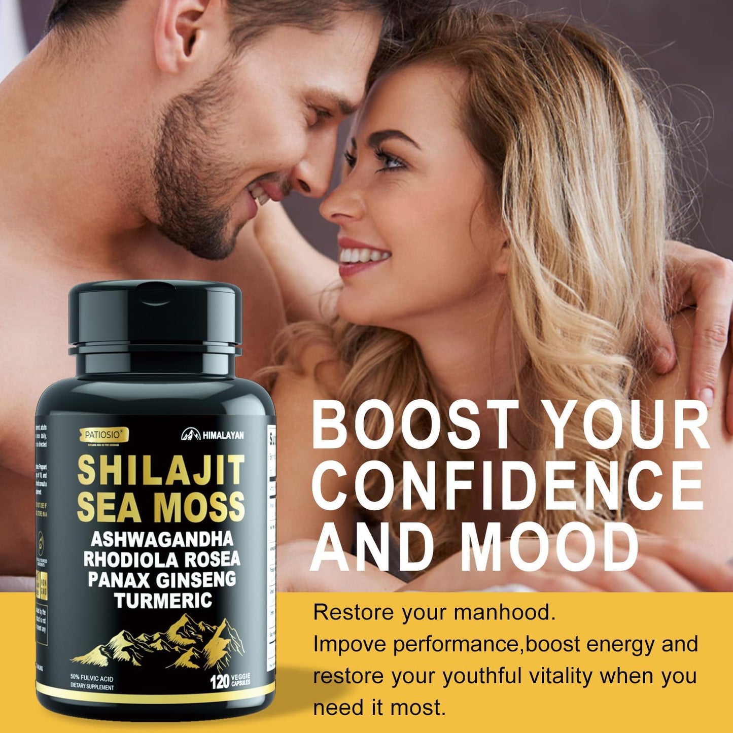 Pure Himalayan Shilajit Capsules for Men - 50% Fulvic Acid, 85+ Trace Minerals with Ashwagandha & Sea Moss - Energy & Stamina - 120 Capsules