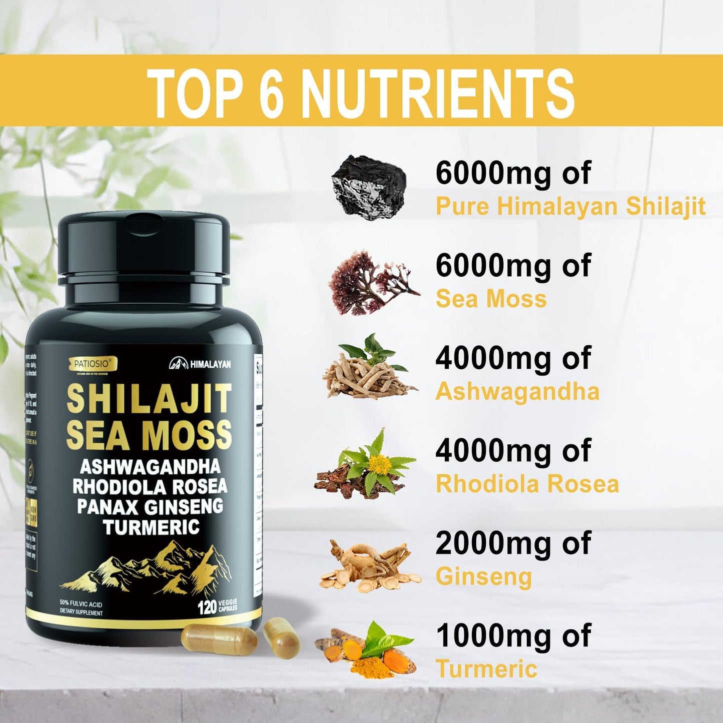 Pure Himalayan Shilajit Capsules for Men - 50% Fulvic Acid, 85+ Trace Minerals with Ashwagandha & Sea Moss - Energy & Stamina - 120 Capsules