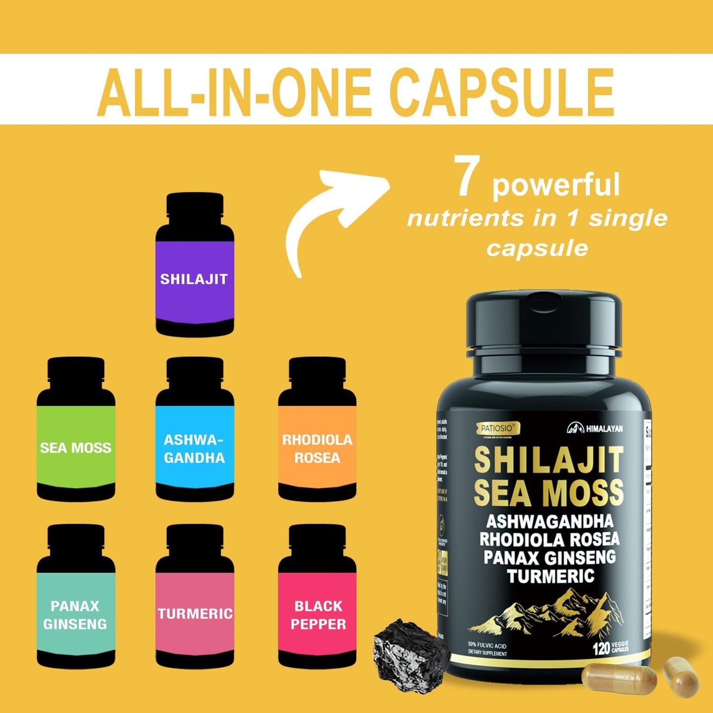 Pure Himalayan Shilajit Capsules for Men - 50% Fulvic Acid, 85+ Trace Minerals with Ashwagandha & Sea Moss - Energy & Stamina - 120 Capsules