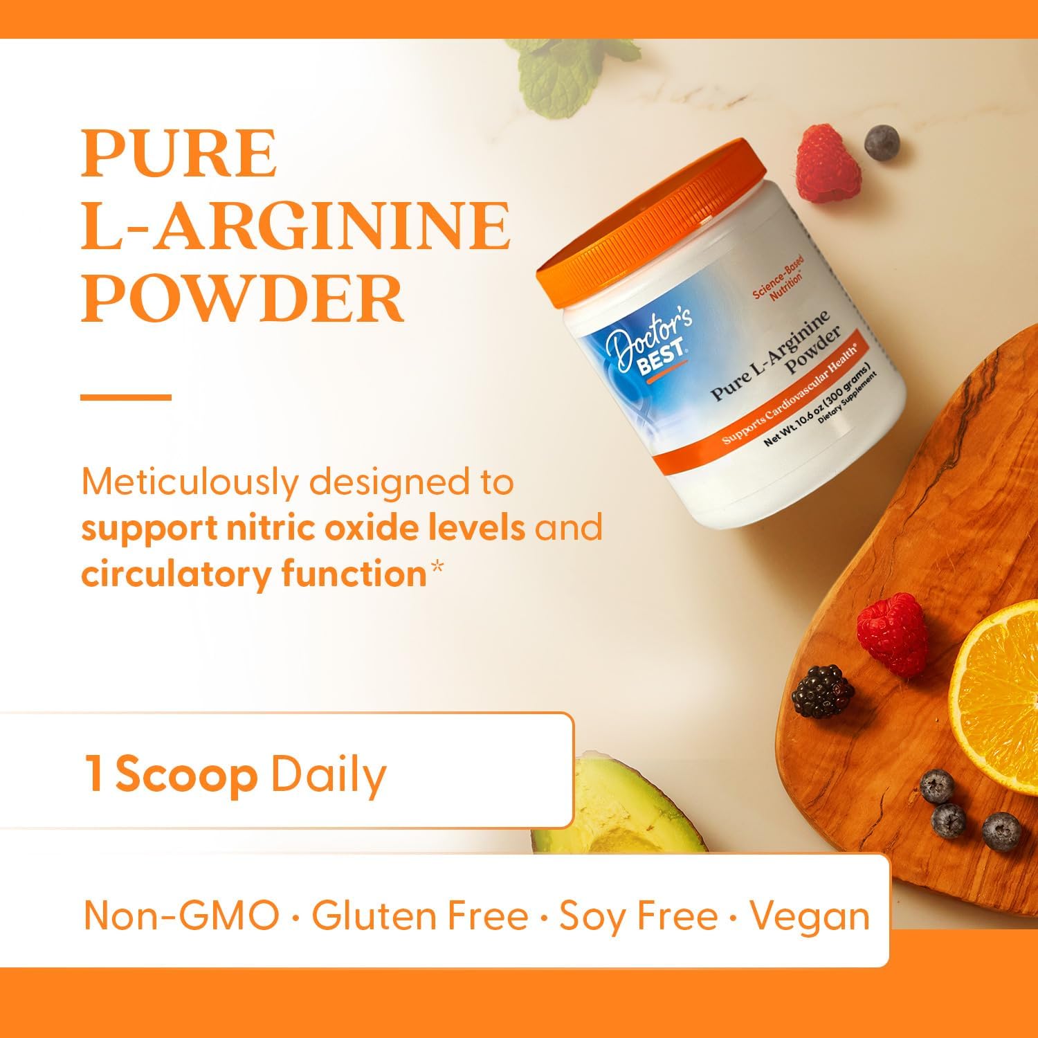 Pure L-Arginine Powder for Cardiovascular Health - Non-GMO, Gluten-Free, Soy-Free, Vegan - 10.6 oz (300g)