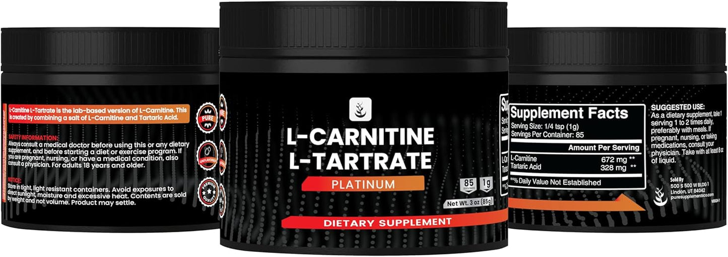 Pure L-Carnitine L-Tartrate Powder - 3 oz - No Fillers or Additives - Always Pure Ingredients