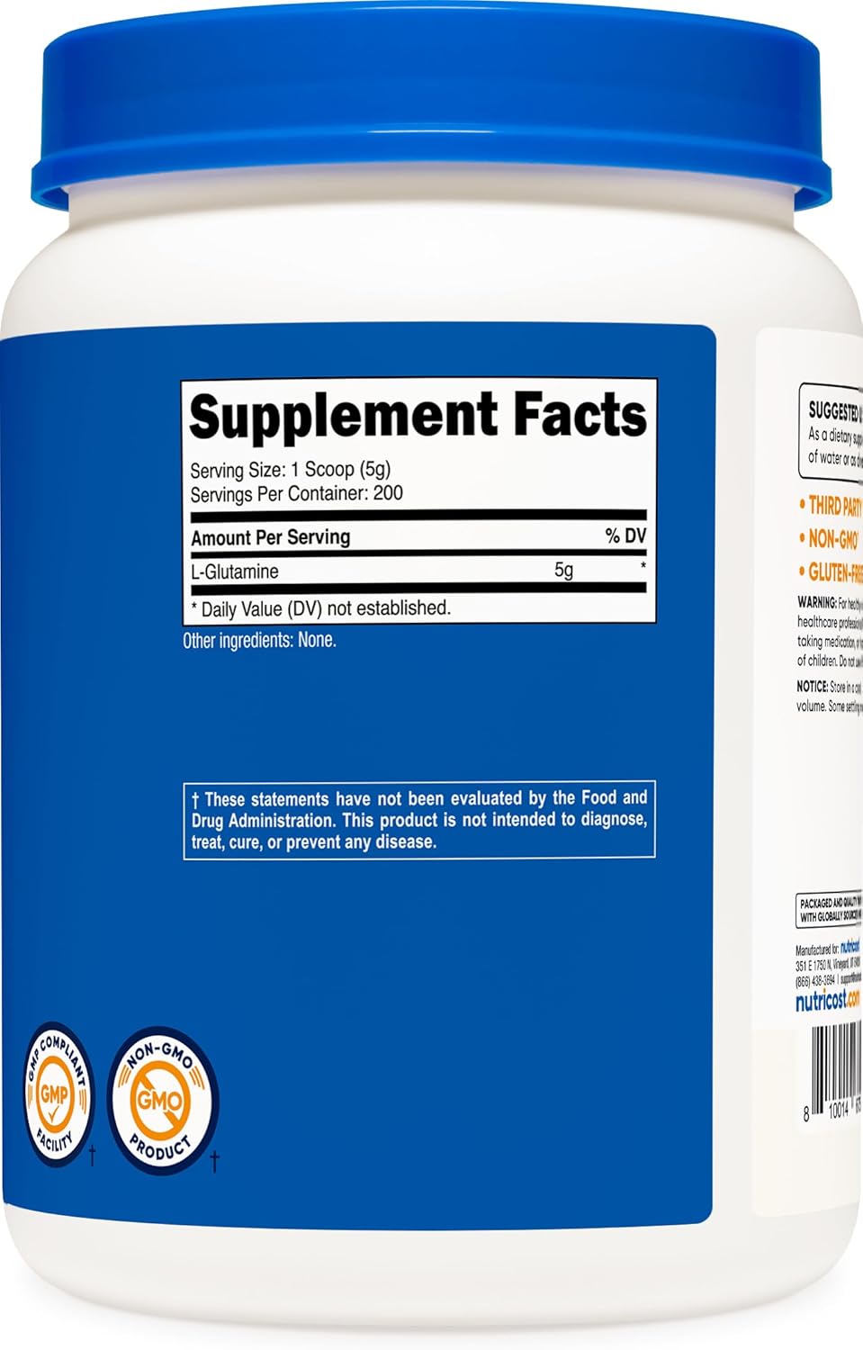 Pure L-Glutamine Powder 1 KG - Unflavored, Non-GMO, Gluten Free by Nutricost