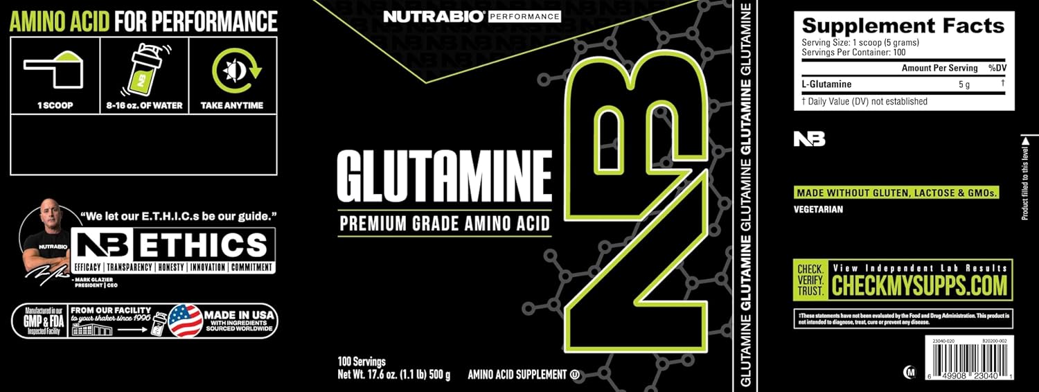 Pure L-Glutamine Powder Supplement - 500 Grams - Ideal for Muscle Recovery - No Additives, Fillers, or Excipients - Amino Acid Formula by NutraBio