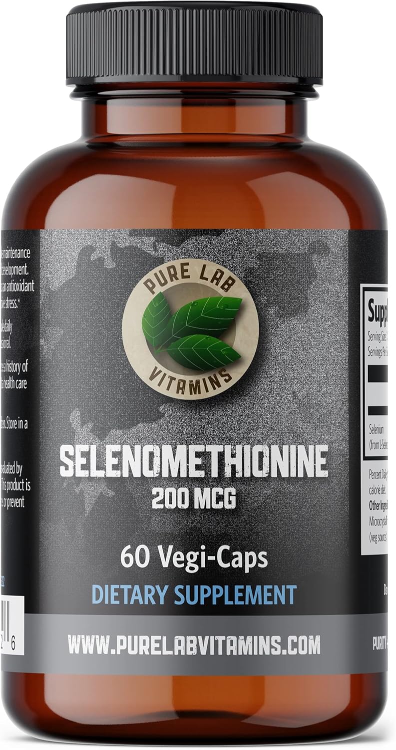 Pure Lab Vitamins Selenium 200mcg Selenomethionine Supplement - 60 V-Caps, Gluten Free, Made in Canada