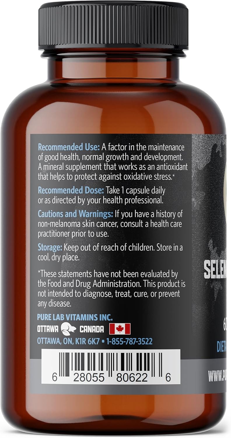 Pure Lab Vitamins Selenium 200mcg Selenomethionine Supplement - 60 V-Caps, Gluten Free, Made in Canada