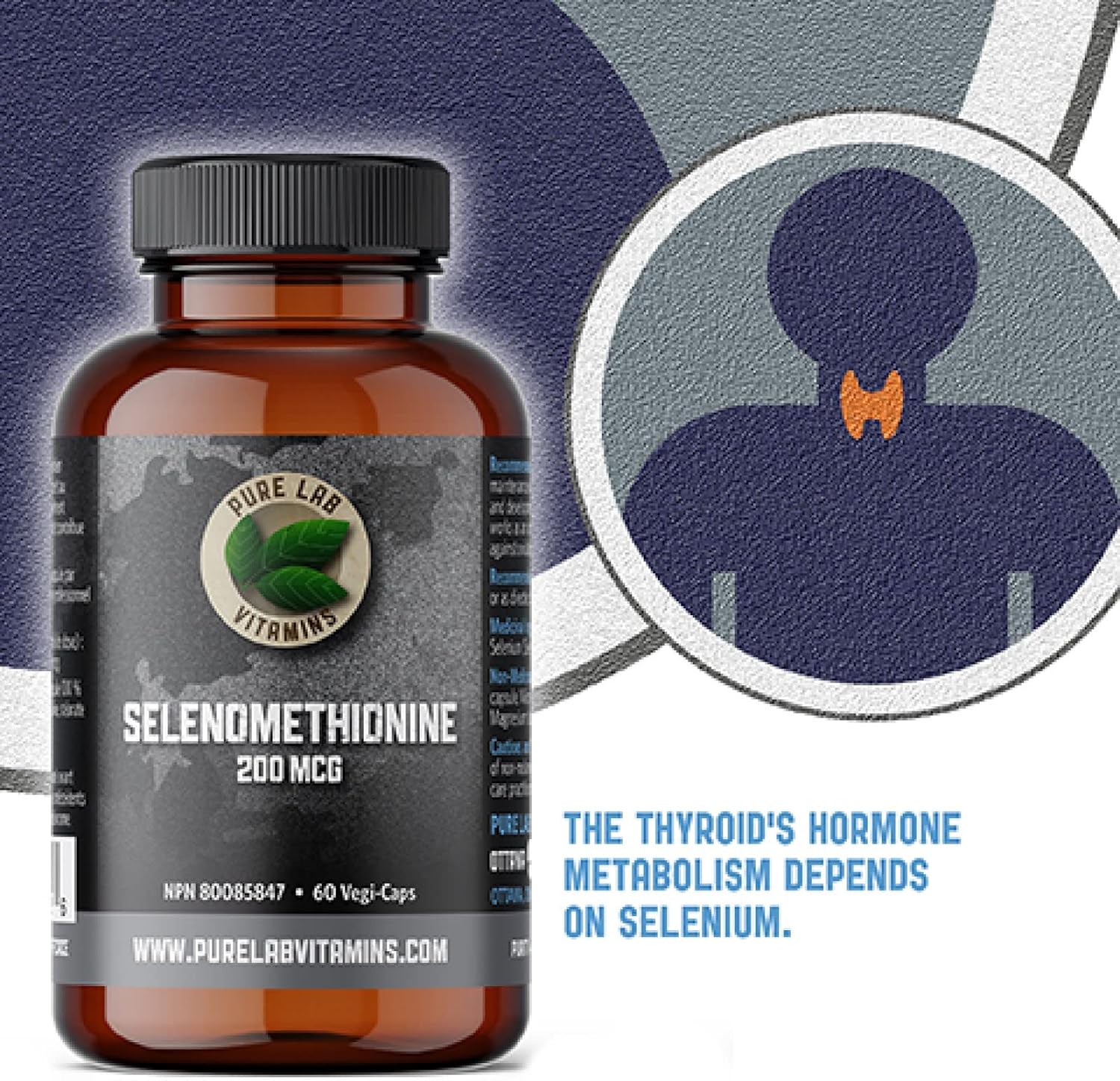 Pure Lab Vitamins Selenium 200mcg Selenomethionine Supplement - 60 V-Caps, Gluten Free, Made in Canada