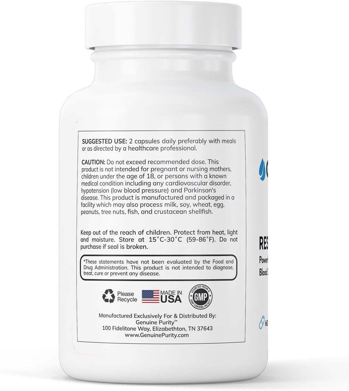 Pure Liposomal Trans-Resveratrol 500mg Capsules | Antioxidant Supplement, Sirtuin Activation | Gluten Free, Vegan, USA Made | 60 Count