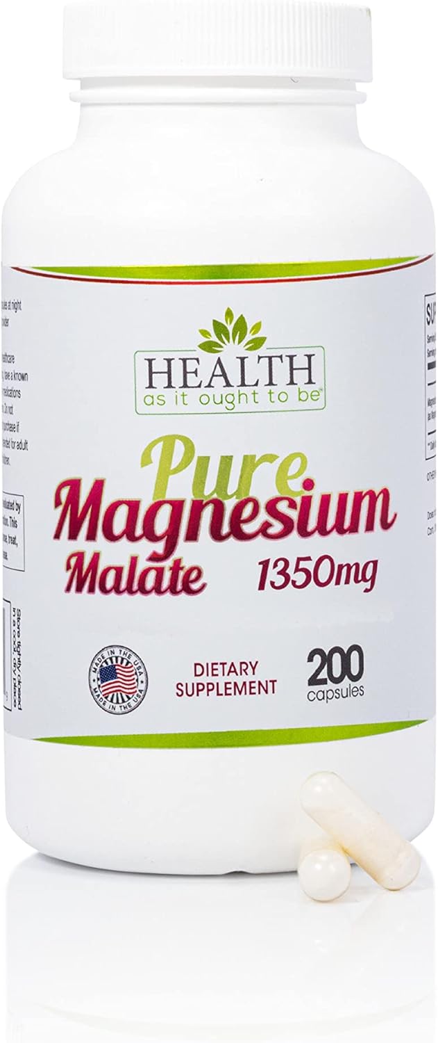 Pure Magnesium Malate 1350 mg Supplement | Highly Absorbable Formula | 200 Capsules by Health As It Ought To Be