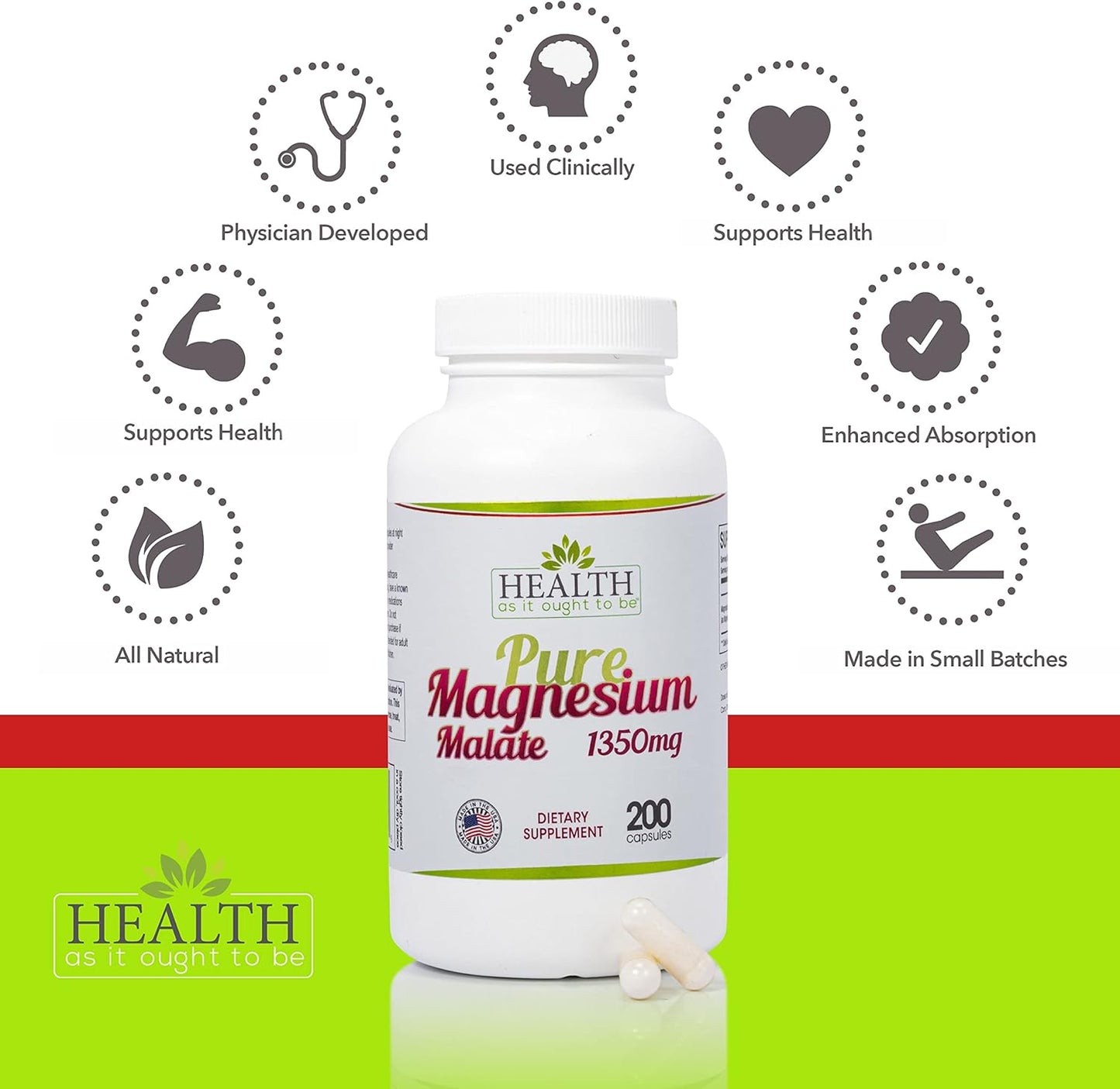 Pure Magnesium Malate 1350 mg Supplement | Highly Absorbable Formula | 200 Capsules by Health As It Ought To Be