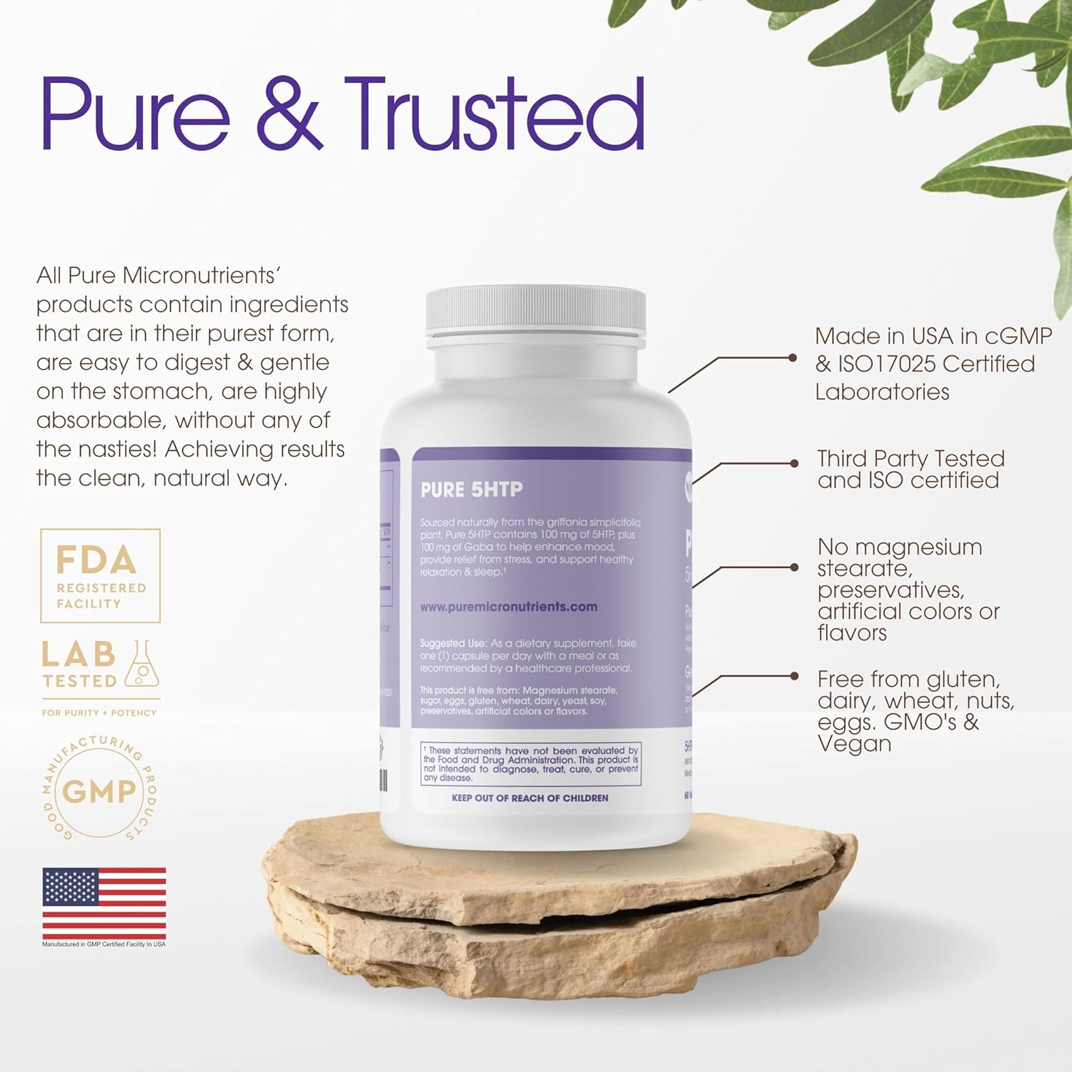 Pure Micronutrients 5-HTP Plus GABA Supplement - Natural Sleep Aid & Stress Relief - 60 Vegetarian Capsules