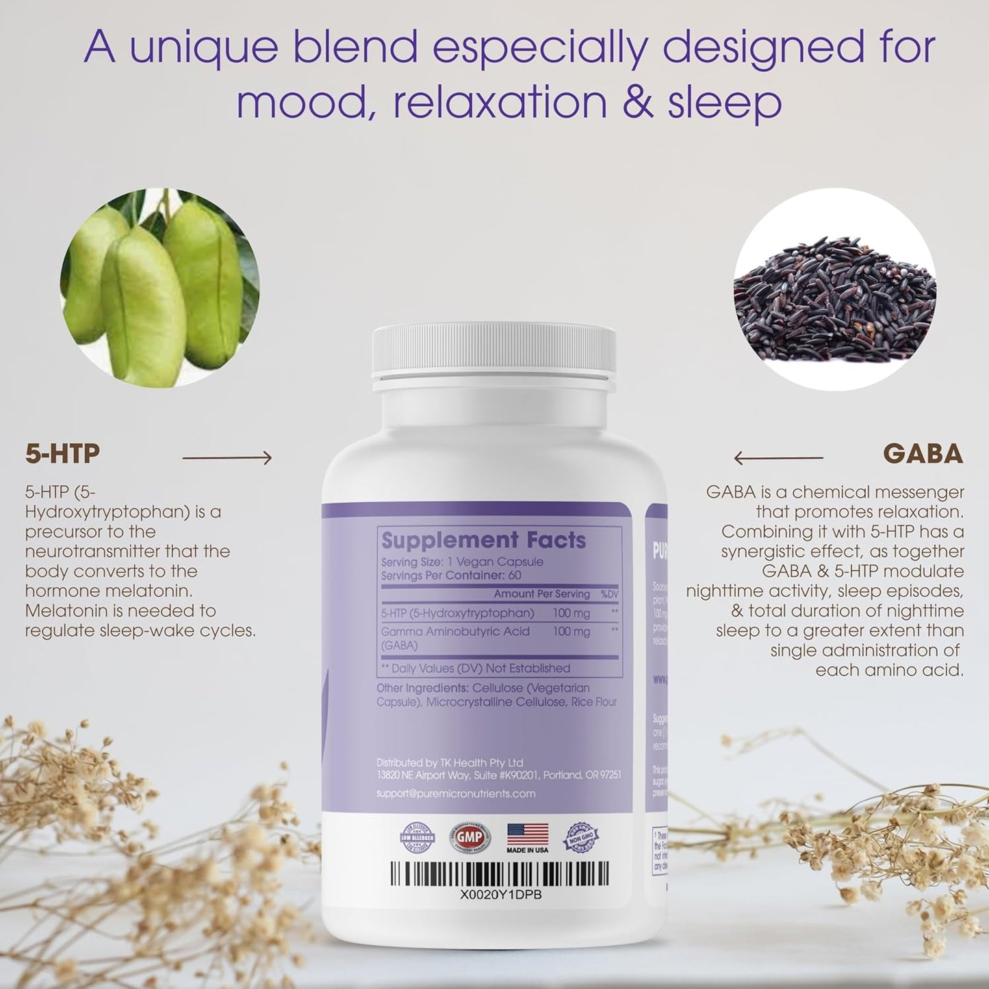 Pure Micronutrients 5-HTP Plus GABA Supplement - Natural Sleep Aid & Stress Relief - 60 Vegetarian Capsules