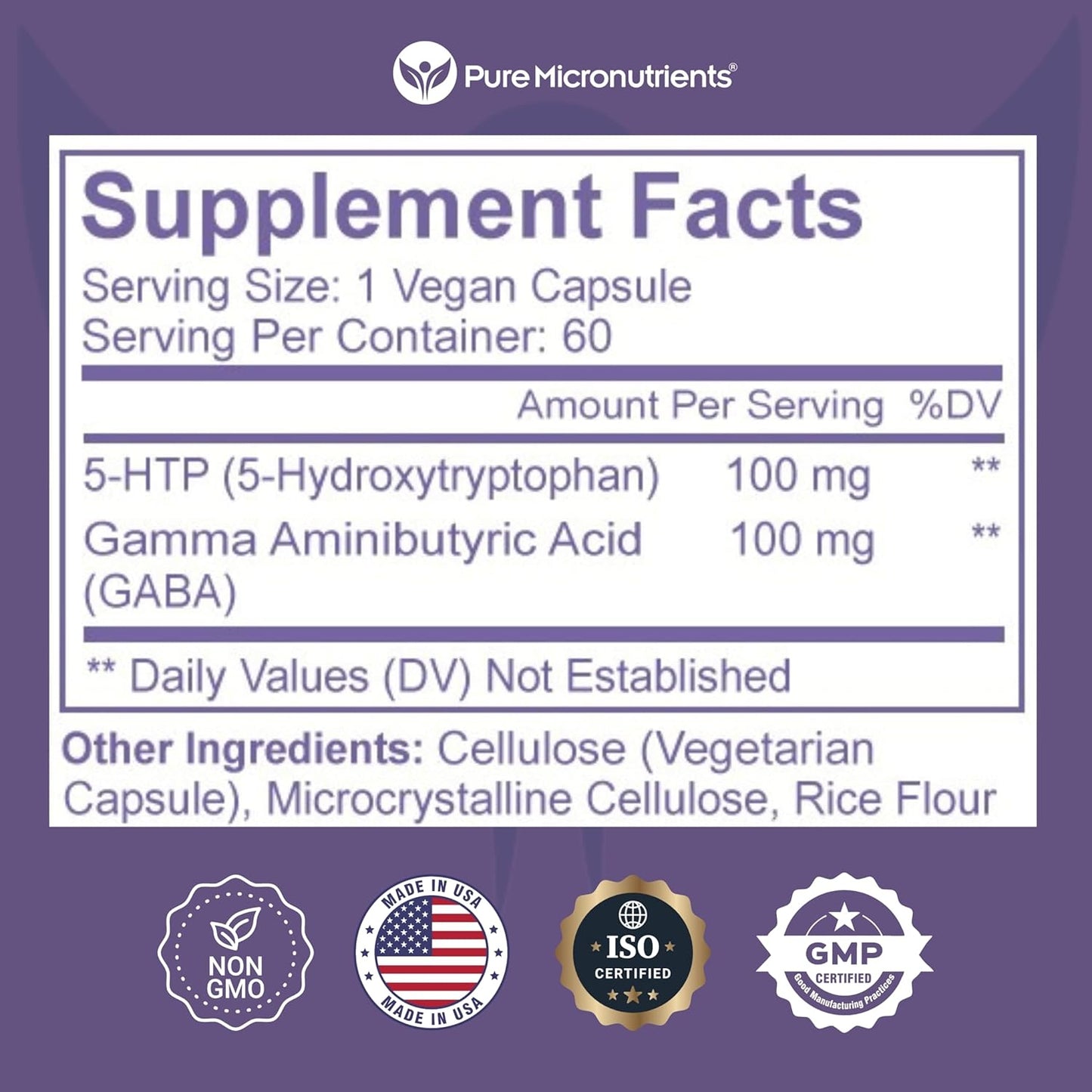 Pure Micronutrients 5-HTP Plus GABA Supplement - Natural Sleep Aid & Stress Relief - 60 Vegetarian Capsules