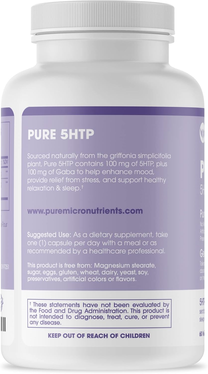 Pure Micronutrients 5-HTP Plus GABA Supplement - Natural Sleep Aid & Stress Relief - 60 Vegetarian Capsules
