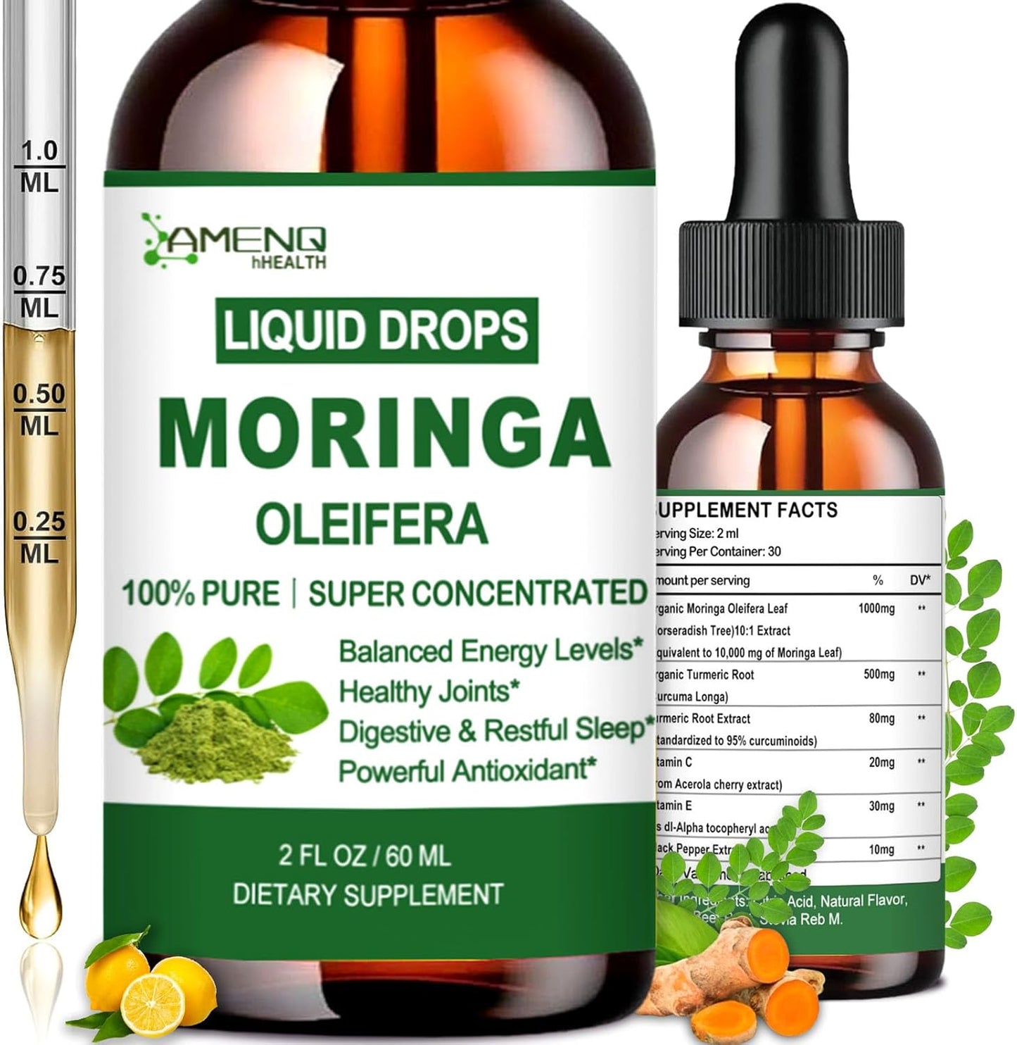 Pure Moringa Oleifera Liquid Drops with Turmeric and Black Pepper for Energy and Immune Support
