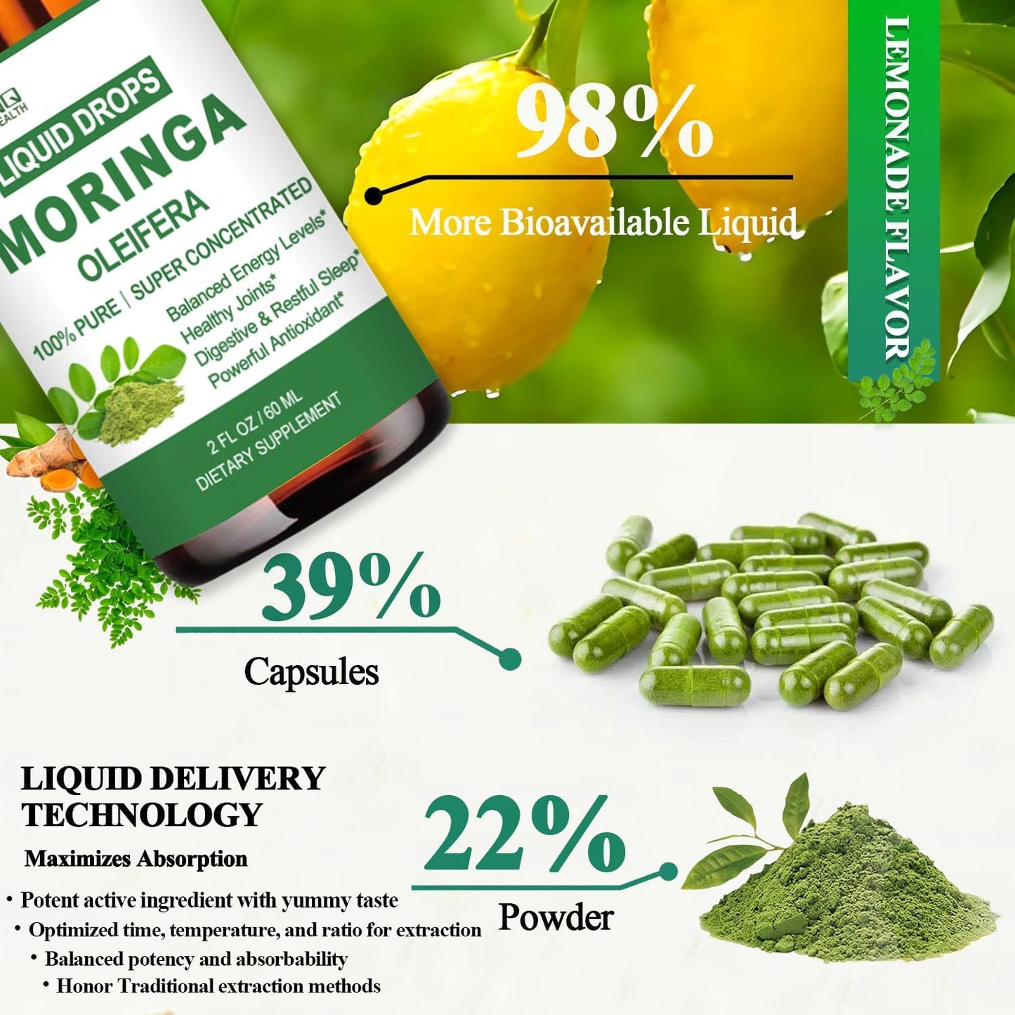 Pure Moringa Oleifera Liquid Drops with Turmeric and Black Pepper for Energy and Immune Support