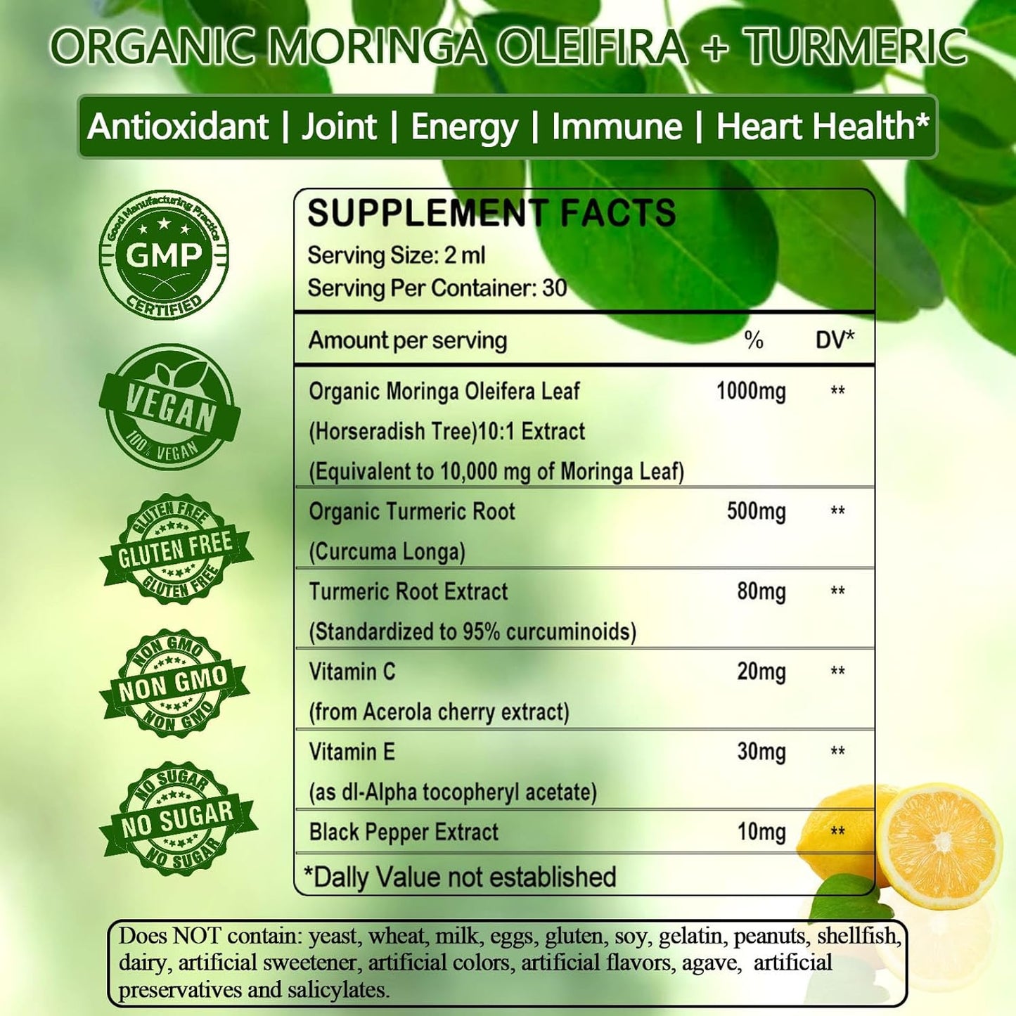 Pure Moringa Oleifera Liquid Drops with Turmeric and Black Pepper for Energy and Immune Support