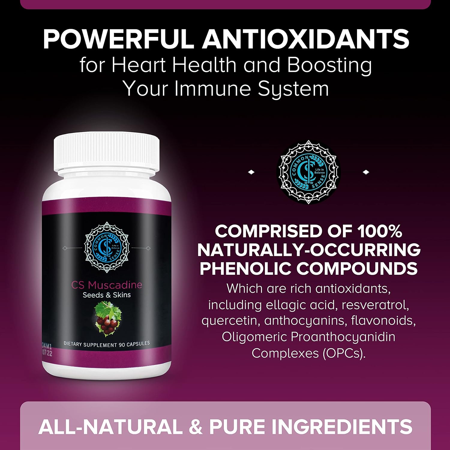 Pure Muscadine Grape Seed and Skin Extract Capsules - Antioxidant-Rich Supplement for Heart Health and Immune System Support - 90 Count.