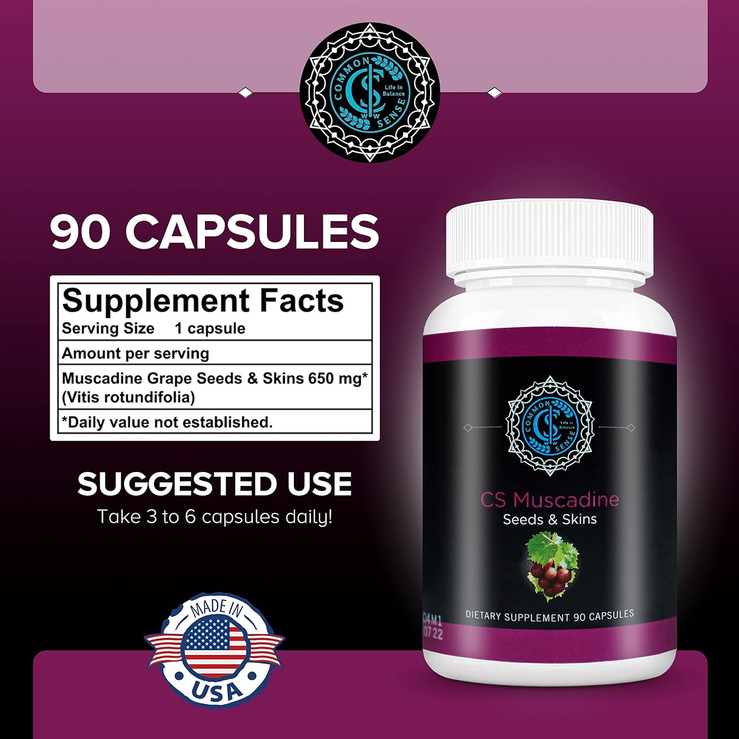 Pure Muscadine Grape Seed and Skin Extract Capsules - Antioxidant-Rich Supplement for Heart Health and Immune System Support - 90 Count.