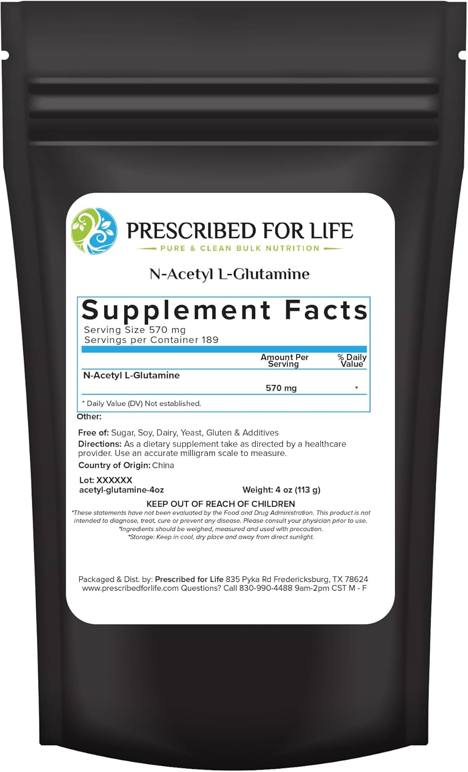 Pure N Acetyl L Glutamine Powder for Gut Health & Muscle Recovery - Gluten Free, Vegan, Kosher, Non GMO - 4oz