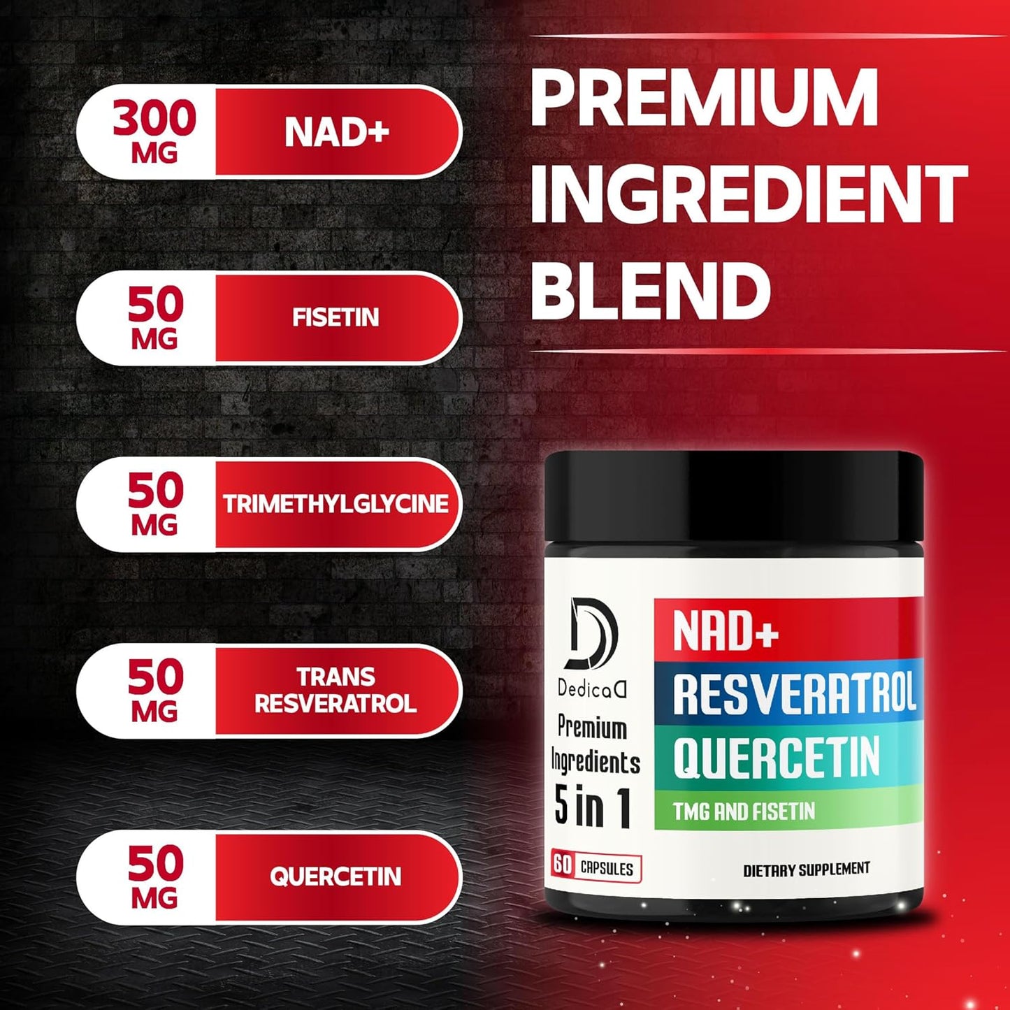 Pure NAD+ Supplement 500mg with Fisetin, TMG, Resveratrol, and Quercetin - Energy, DNA Repair, Aging Defense - 60 Capsules