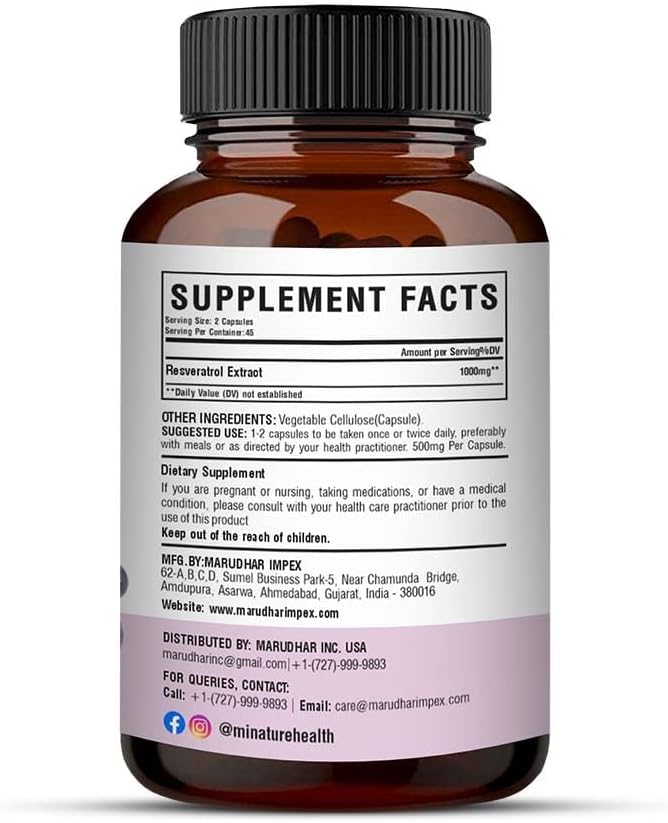Pure & Natural Miniature Resveratrol Extract Capsules - 500mg, 90 Veg Capsules - Superfood Supplements - Vegan - Made in India