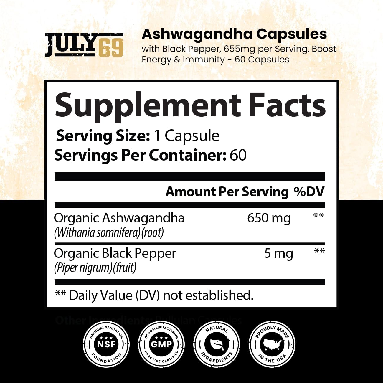 Pure Nature Made Ashwagandha Capsules with Black Pepper - 60 Capsules, 655mg per Serving, Boost Energy & Immunity, Root Extract Complex, for Men & Women, Third-Party Tested