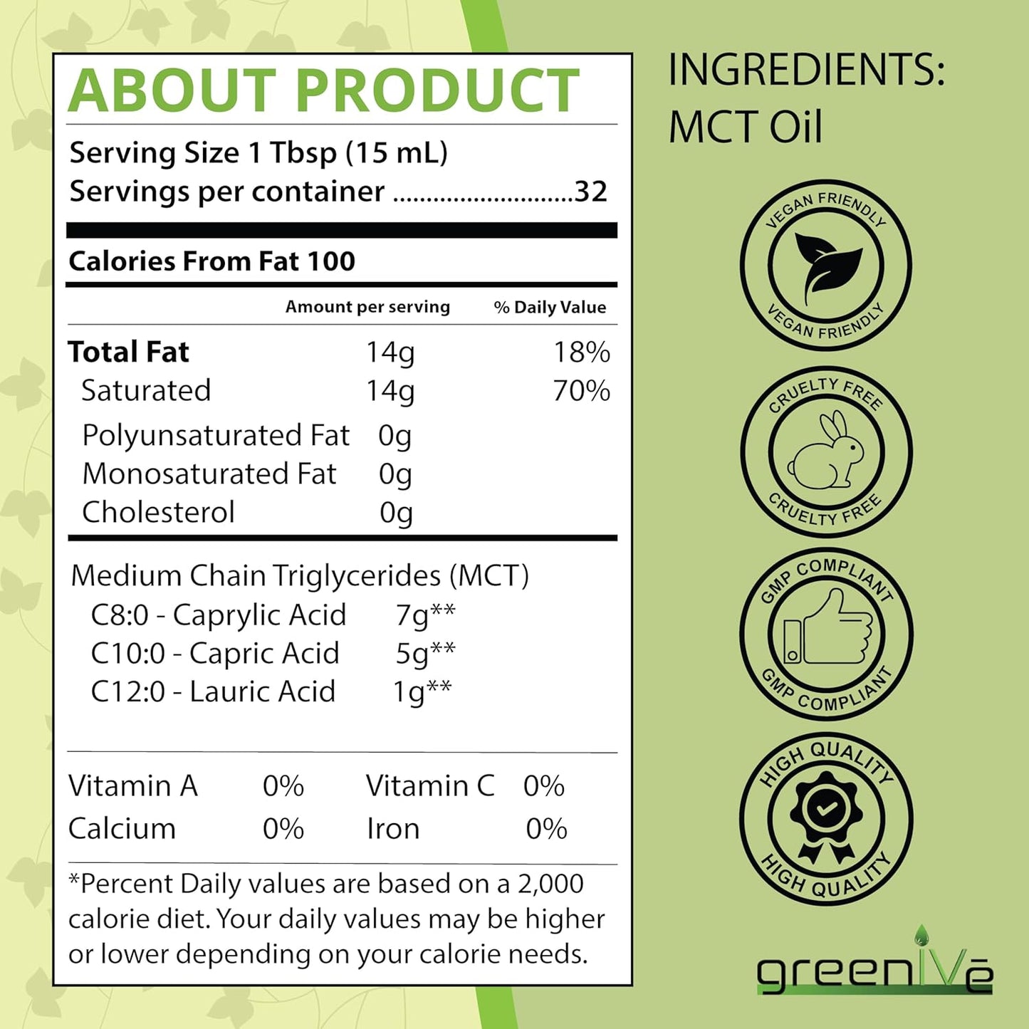 Pure Non-GMO GreenIVe MCT Oil for Body and Mind Fuel - 16 Ounce Bottle