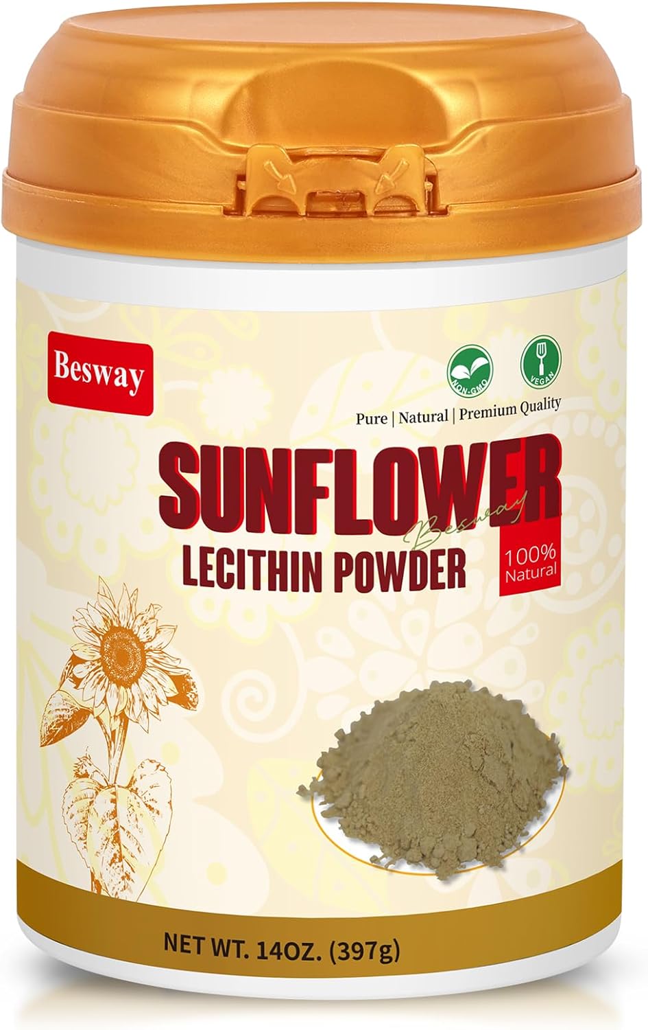 Pure Non-GMO Sunflower Lecithin Powder for Brain, Heart, and Skin - 14 oz (40 Servings)
