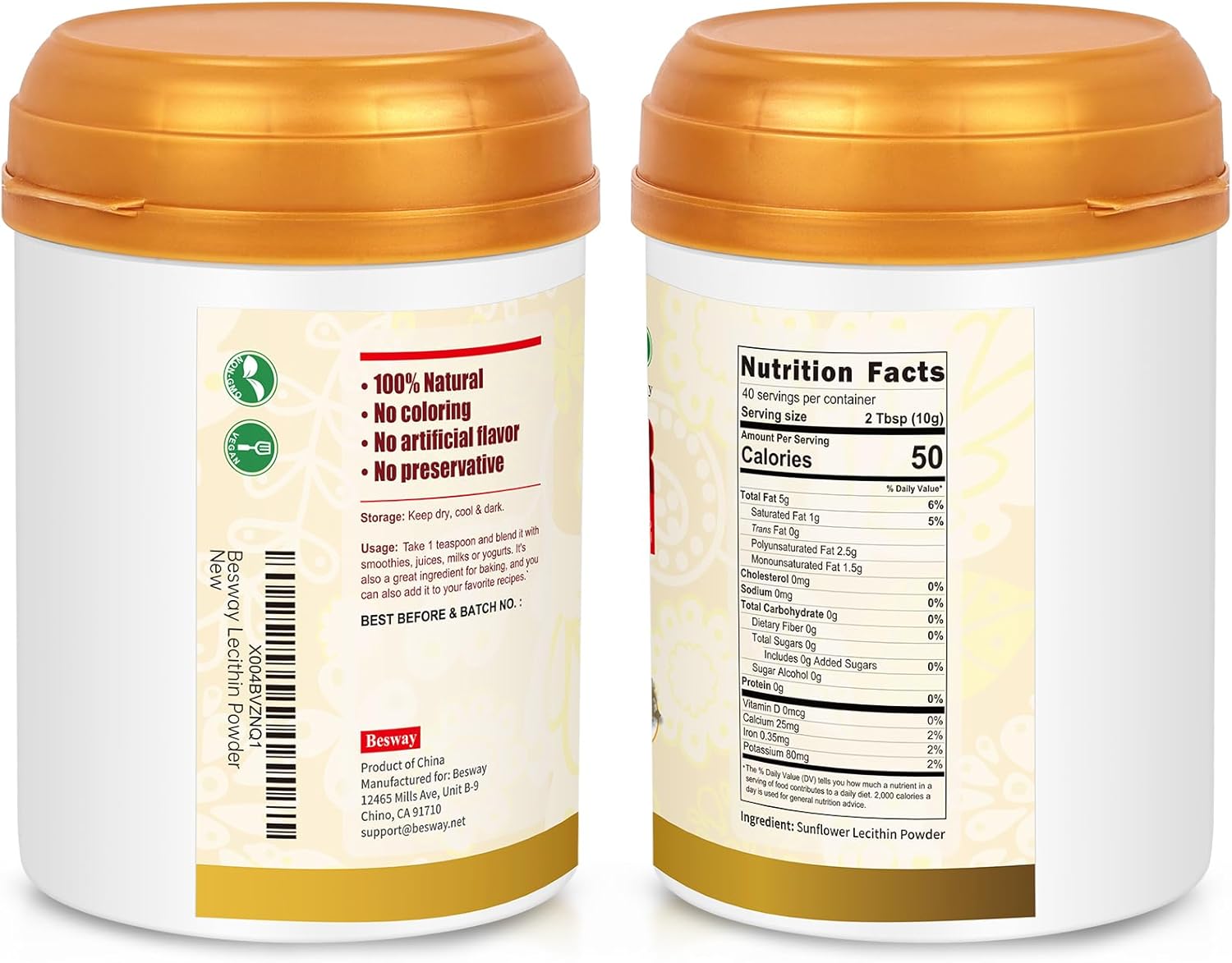 Pure Non-GMO Sunflower Lecithin Powder for Brain, Heart, and Skin - 14 oz (40 Servings)