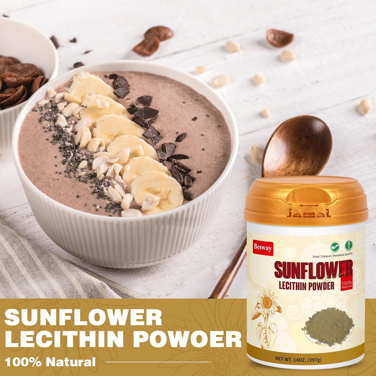 Pure Non-GMO Sunflower Lecithin Powder for Brain, Heart, and Skin - 14 oz (40 Servings)
