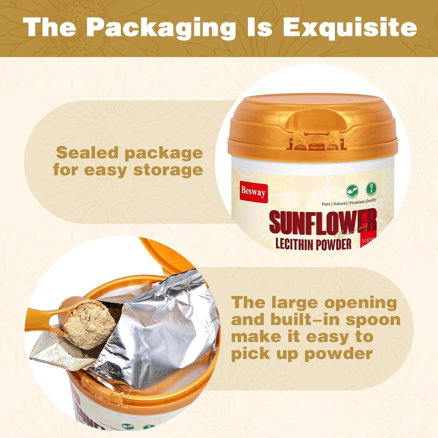 Pure Non-GMO Sunflower Lecithin Powder for Brain, Heart, and Skin - 14 oz (40 Servings)