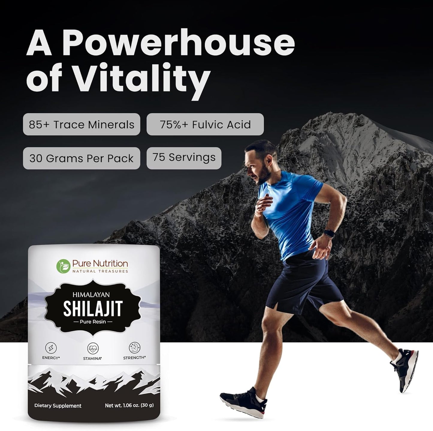 Pure Nutrition Himalayan Shilajit Resin: Natural Energy Booster with 85+ Trace Minerals | 75 Servings - 30g (2 Pack) for Men & Women