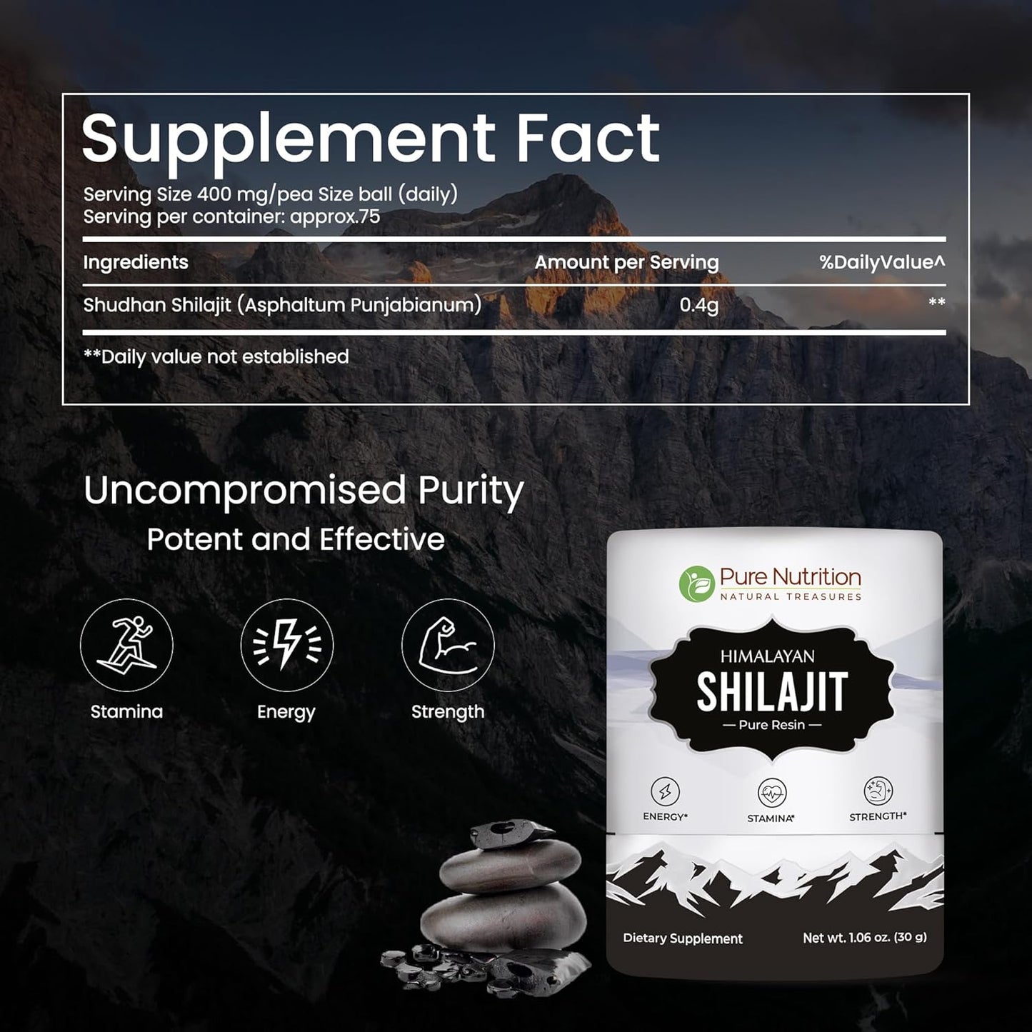 Pure Nutrition Himalayan Shilajit Resin: Natural Energy Booster with 85+ Trace Minerals | 75 Servings - 30g (2 Pack) for Men & Women
