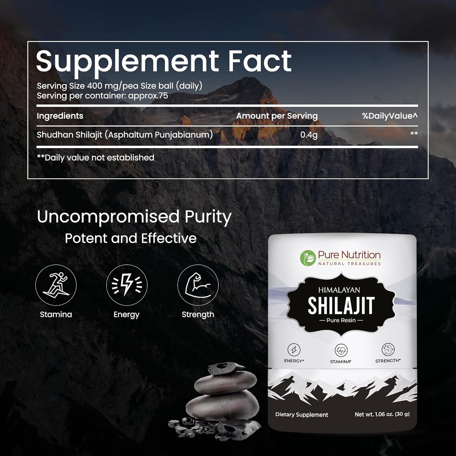 Pure Nutrition Himalayan Shilajit Resin: Natural Energy Booster with 85+ Trace Minerals | 75 Servings - 30g (2 Pack) for Men & Women