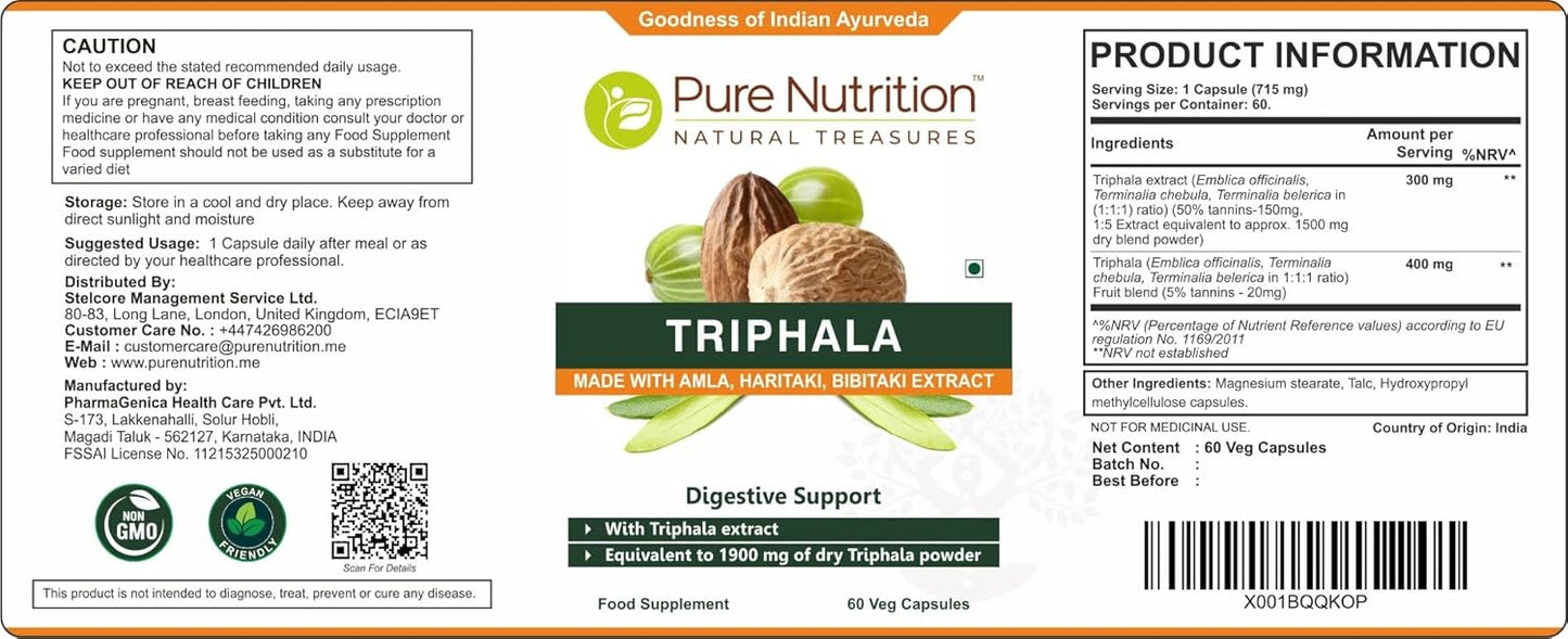 Pure Nutrition Triphala Extract 700mg - Non-GMO Daily Supplement for Digestive Health - 60 Day Supply