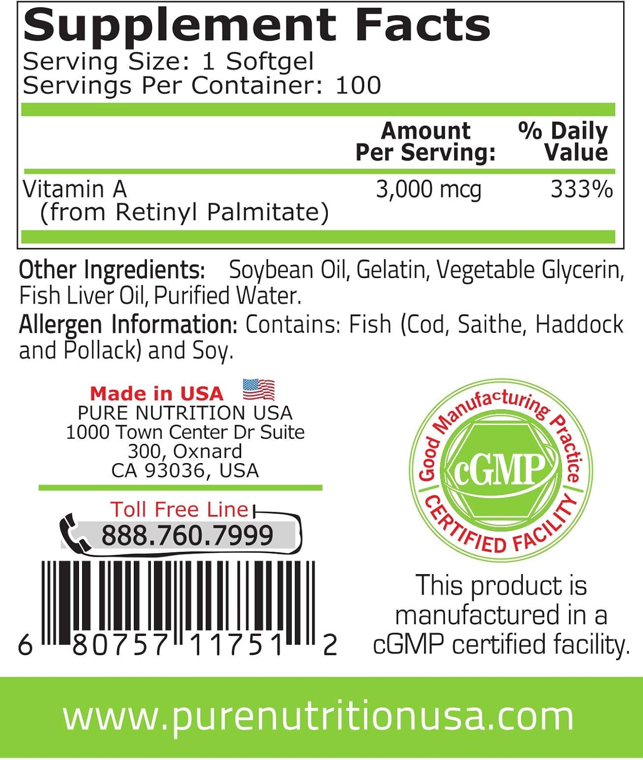 Pure Nutrition Vitamin A 10000 iu 3000 mcg Softgels from Fish Liver Oil - Immune System, Vision, Bones - Non GMO Retinyl Palmitate Supplement