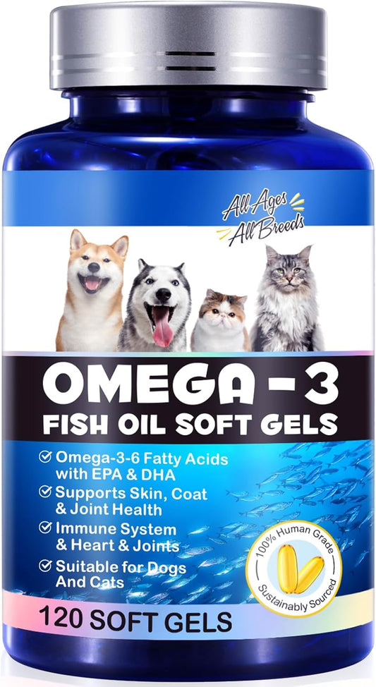 Pure Omega 3 Fish Oil Supplement for Pets, Supports Healthy Skin & Coat, Reduces Shedding, Allergies, and Joint Pain - 120 Capsules