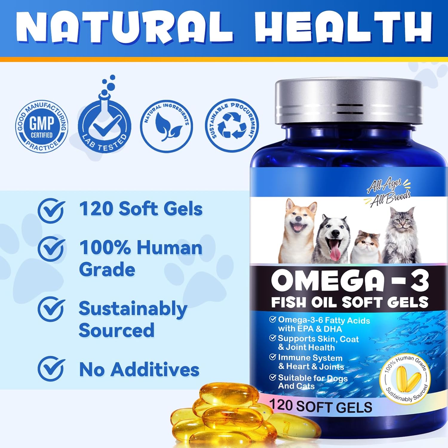 Pure Omega 3 Fish Oil Supplement for Pets, Supports Healthy Skin & Coat, Reduces Shedding, Allergies, and Joint Pain - 120 Capsules
