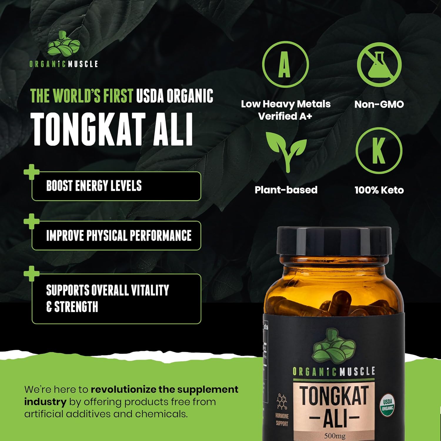 Pure Organic Tongkat Ali Root Supplement for Men - 500mg USDA Eurycoma Longifolia - Natural Male Performance & Hormone Support - 60 Count